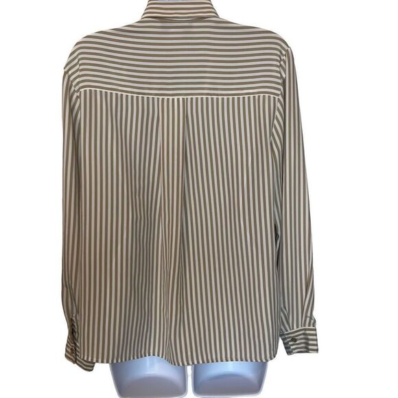 Notations Vtg 10 Tan White Stripe Button Down Silky Blouse Secretary Workwear - Picture 2 of 6
